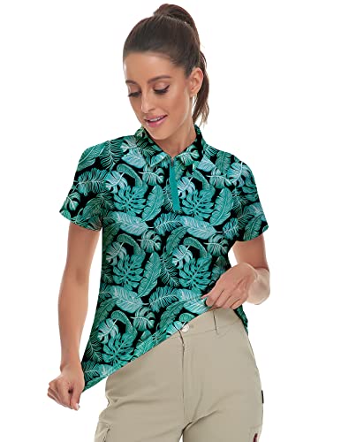 Women Summer Floral Print Polo Shirts Short Sleeve Golf Shirts Dry Fit (Green Printed, Large) #TOP3