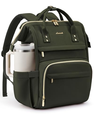 Image of LOVEVOOK Laptop Backpack for Women with Giant Tumbler Holder Pocket,15.6 inch Waterproof Travel Backpack Purse Computer Laptop Bag,Professional Work College Nurse Teacher Backpack Daypack,Olive Green