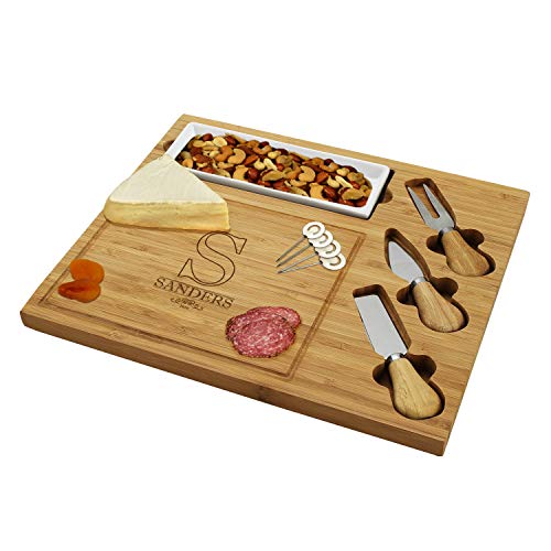 Custom Personalized Engraved Bamboo Cutting Board for Cheese & Charcuterie with Ceramic Dish, Knife Set & Cheese Markers -by Picnic at Ascot USA