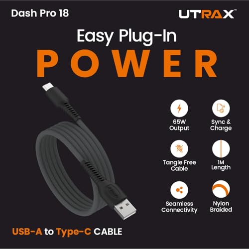 Image of UTRAX 65W USB A to Type C Fast Charging Cable, Unbreakable Nylon Braided, Multi Protocol Support, Copper Connector, Fast Charge & Data Sync for Android Smartphones, Tablets (Grey)