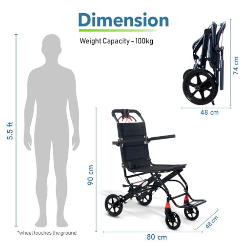 Image of EverActiv Aero Portable Wheelchair for Seniors | Ultra-Light 6.5Kg Aluminium Frame | Foldable, Compact, Attendant Brake, Travel Convenience | Wheelchair for old people