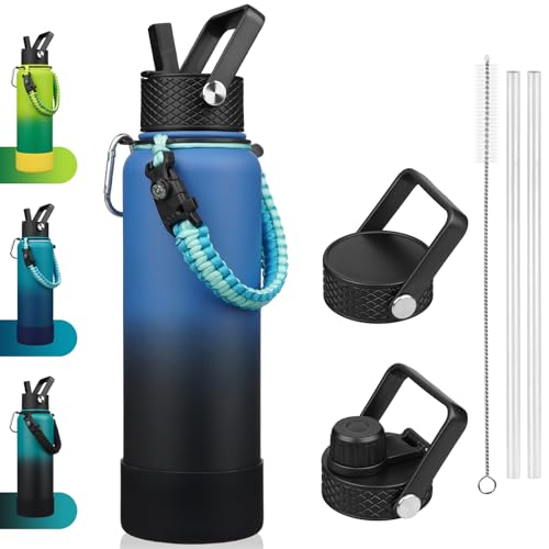 Image of BJPKPK 40oz Insulated Water Bottle with 3 Lids, Straw Lid & Handle