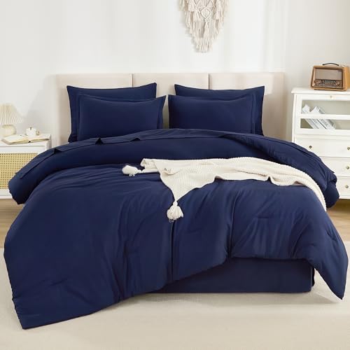 Litanika King Size Comforter Set Navy Blue - 7 Pieces Bed in a Bag King Bedding Comforter Sets, Solid Lightweight Bed Set with Comforter, Sheets, Pillowcases & Shams
