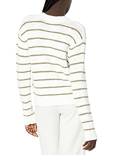 Vince Women's Textured Stripe Crew Neck, Optic White/Bay Leaf, Extra Small #TOP1