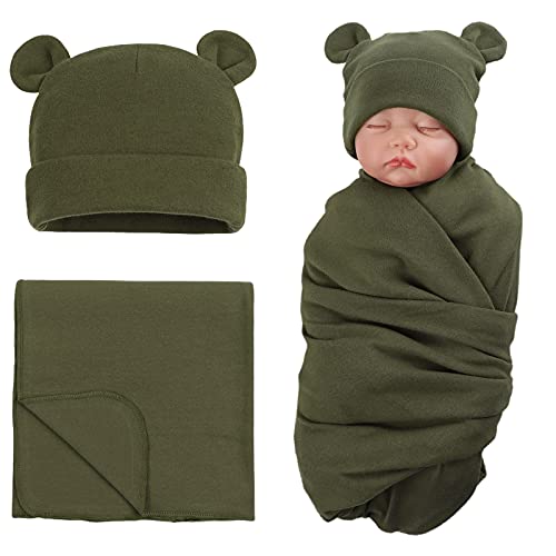 Image of PESAAT Cotton Baby Swaddle Hat Set Newborn Infant Hats Receiving Blankets for Baby Boys Girls
