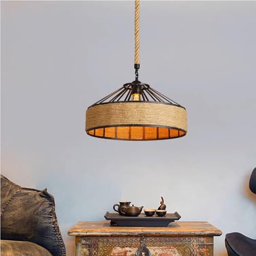 Lámpara colgante de hierro negro y cuerda de cáñamo retro con diseño creativo E27