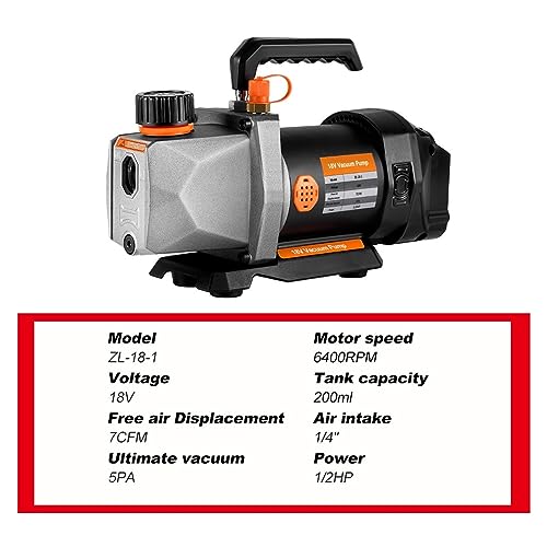 Bomba de vacío inalámbrica para refrigerante, 7 CFM, 5 Pa, 1/2 HP, entrada de aire de 1/4", para aire acondicionado doméstico, compatible con batería de 18 V miniatura 4