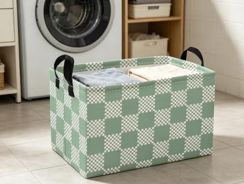 Image of Essme Rectangular Grid Baskets,Green Storage Box,Cute Basket with Handles for Room Decor, Book Bins.(Green grid)