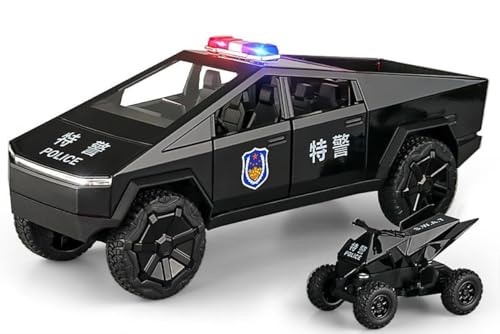 Image of 1:24 Scale Die-Cast CyberTruck Police【Free Wheel】 with 6 Openable Doors,Steerable Tyres,Working Horn,Working Lights (Black)