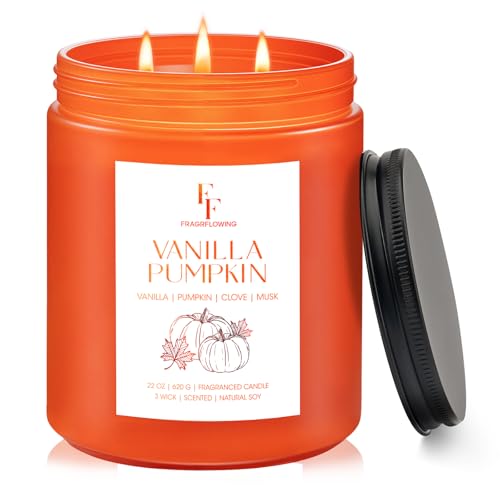 Large Fall Candle Vanilla Pumpkin Scented, 3-Wick 22oz Long Lasti...