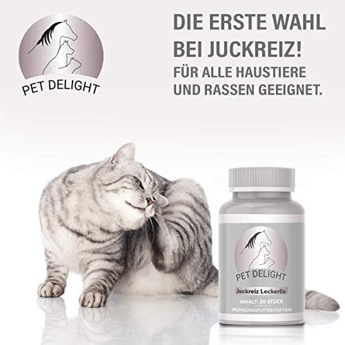 Pet Delight Juckreiz Leckerlis - Hochdosiert Vitamin Leckerli bei Hautproblemen von Haustiere, DIE Nahrungsergänzung zur Hautpflege für Katze, Hund - Anti Milben, Läuse, Flöhe, Floh - Presslinge 15g