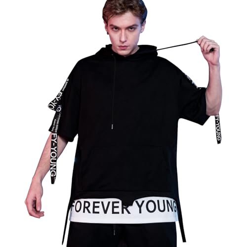 Mens Short Sleeve Hoodie Patchwork T-Shirt Pocket Hip Hop Athletic Hoodie Casual