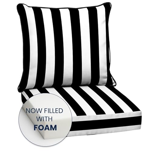 Image of Arden Outdoor Foam Deep Seat Cushions Set, 24x24, Premium High-Density Foam, Never Flattens, Weather-Proof for Patio Chair Sofa Couch, Black Cabana Stripe