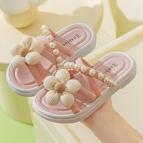 Girls Slippers Kids Toddler Cute Flower Pearls Criss Cross Straps Flats Summer Beach Outdoor Open Toe Slides Sandals4
