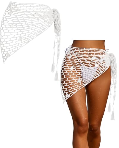 Zeyune Women Crochet Cover-ups Skirt Triangle Shawl Mermaid Skirt Hollow Out Swimwear Shiny Sequin Beach Fishnet Wrap