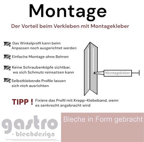 Gastro-Blechdesign Edelstahl Winkel K240 geschliffen 1 mm stark 150 cm Edelstahl Kantenschutz 1,5 Meter lang Kantenschutzprofil Winkelprofil Eckschutz L Profil 30 x 30 mm