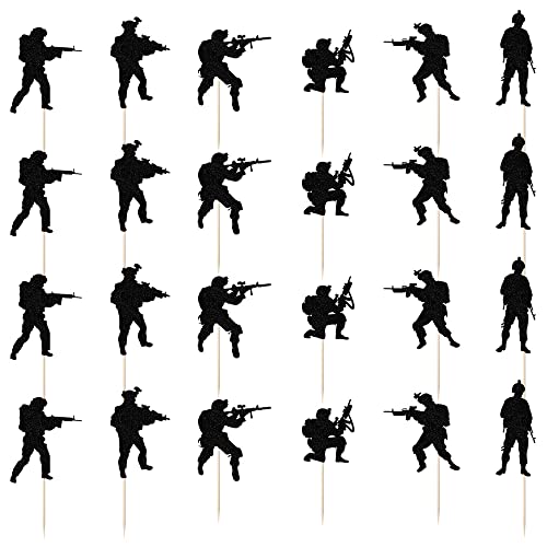 Kaoenla Military Themed Soldier Cake Toppers - 24 Pieces Paper Cups Black Glitter Soldier's Day, Veterans, Men's Birthday, Navy Army Special Forces Decorations #TOP2