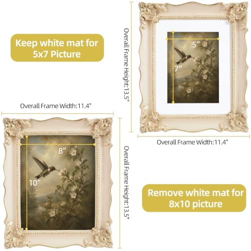 Image of Saysmile 8x10 Vintage Picture Frame with Embossed Flower Design, White Ornate Frame for 8x10 or 5x7 Pictures with White Mat, Hand-Crafted Resin Antique Frames for Tabletop & Wall Hanging, Home Decor (White)