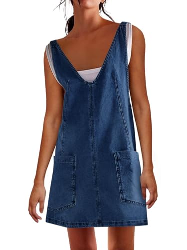ebossy Women's Vintage Denim Dress Loose V Neck Sleeveless A-line Jean Overall Mini Dress with Pockets (XS, Dark Blue)