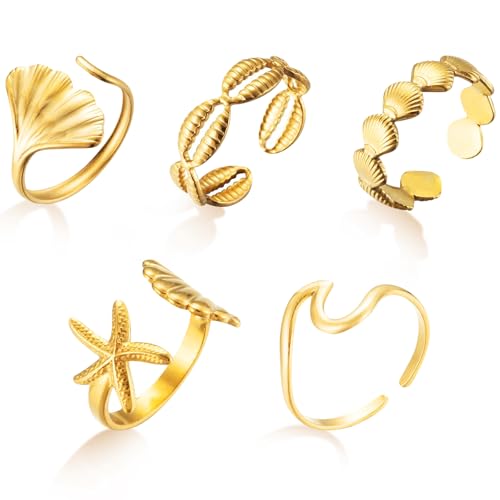 DIELOVEHUA 5 Pièces Bague Acier Inoxydable Femme, Bague Coquillage Etoile de Mer, Bagues Réglables Empilables en Or, Minimaliste Ouverts Bagues, pour...