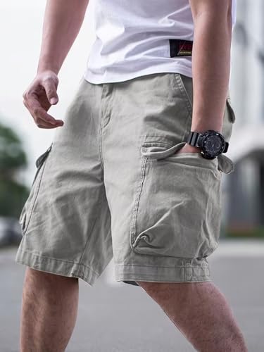 Image of Men Cotton Cargo Shorts Casual Regular Fit Knee Length Multi Pocket Utility Shorts for Travel Outdoor Summer Wear Comfortable Durable Daily Use
