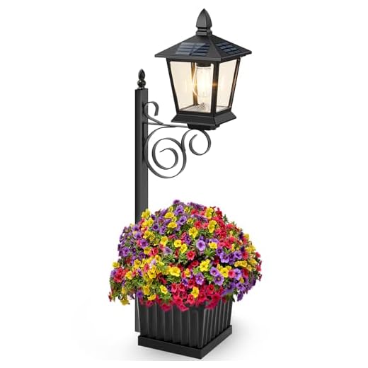 Outdoor Flower Pots 2 in 1, Solar Lamp Post with Planter, Metal Pole, Wall Mount/Standing Solar Planter Lights IP65 Waterproof, Decorative Lamp for Garden, Patio, Porch, 1-Pack (Flowers not Included)