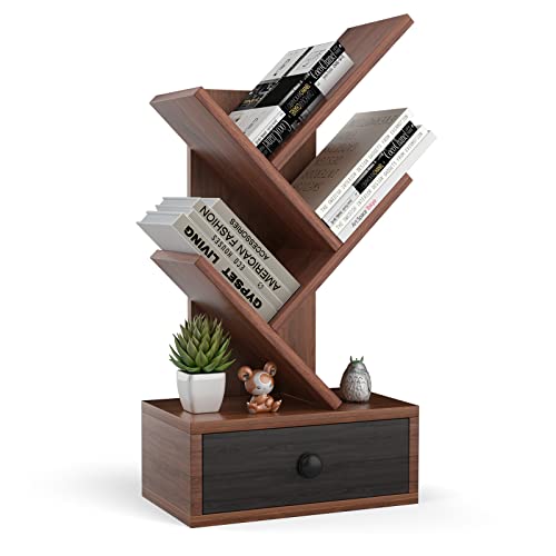COSTWAY Bücherregal Baumform, Holzregal mit Schublade, Bücherregal auf dem Tisch und Boden, CD- und DVD-Regal, kleines Regal für Arbeitszimmer und Büro 30 x 17,5 x 60 cm (3 stöckig, Braun)