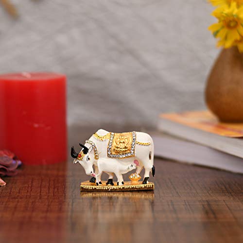 Collectible India Metal Kamadhenu Cow With Calf Idol, 2.5 X 2 X 1 Inches, White & Golden For Rs. 195 @ 76 %