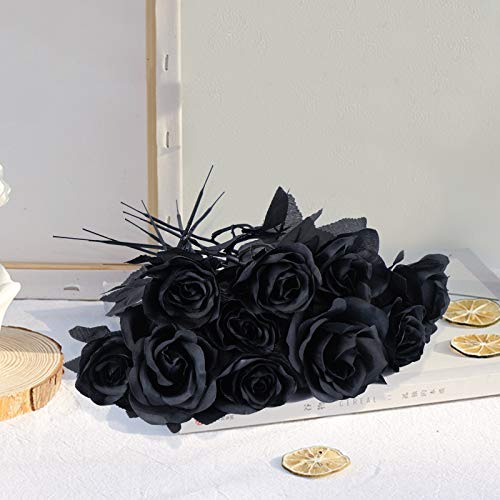 Sunm Boutique 10 Pack Artificial Flowers Black Roses Bouquets Silk Bouquet Wedding Bridle Bouquet Indoor Outdoor Home Kitchen Office Table Centerpieces Arrangements Decor #TOP6