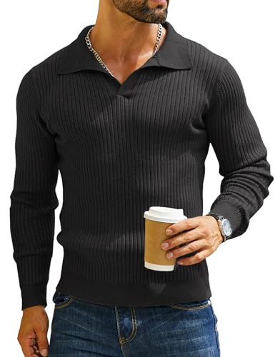 Men's Ribbed Knit Sweater Long Sleeve Johnny Collar Slim Fit Pullover Tops S-XXL