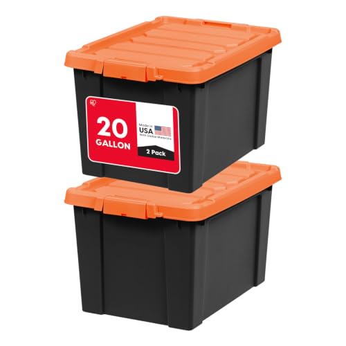 IRIS USA 20 Gallon Lockable Storage Bins with Lids 2 Pack - Made in USA Heavy Duty Stackable Containers Garage Organizing Bins Moving Tubs Rugged Sturdy Equipment Utility Box - Black/Orange