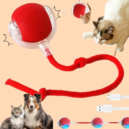 Donubiiu Pet Cat Toy, Active Rolling Ball With Tail For Dogs, Smart Interactive Pet Toy Ball, USB Rechargeable for Cat Dog (red)