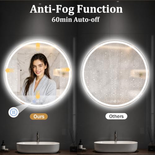 Round LED Bathroom Mirror, 24 Inch, HD Shatterproof Tempered Glass - image 3