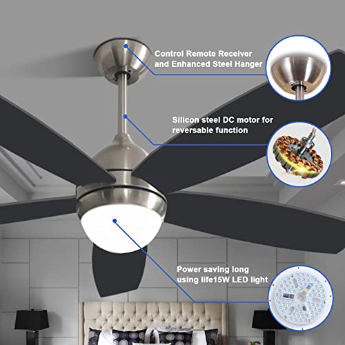 Binlingo 52 Inch Black Ceiling Fan With Lights Remote Control, Noiseless Modern Ceiling Fans With 6 Speeds 3 Color Light For Indoor Outdoor, Low Profile Ceiling Fan With Reversible Blades And Motor #TOP3