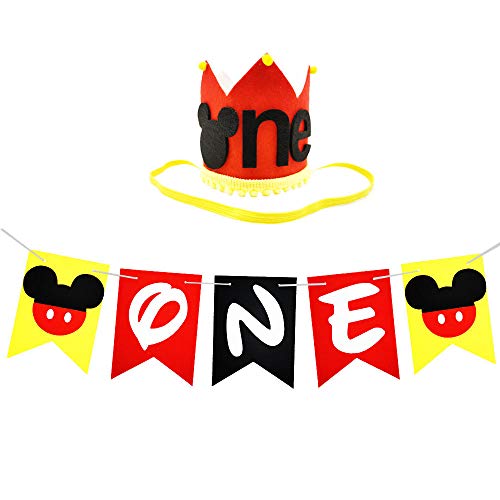 CHuangQi 1st Birthday High Chair Banner & Party Crown/Hat, Felt Fabric, Mickey Theme First Birthday Party Sign