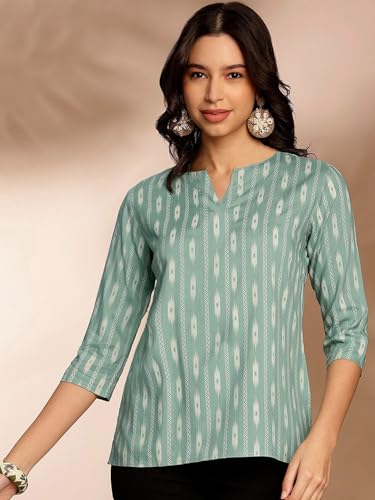 Image of Pinkmint Women's Printed Cotton Blend Short Kurti l All Over Printed V-Cut Neckline Casual Wear Tunic Top's l Ethnic Top's for Girls