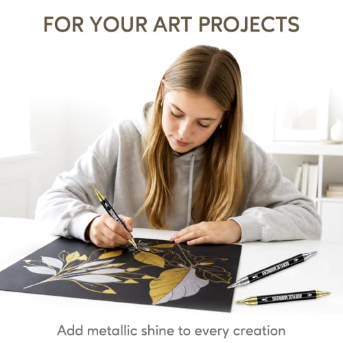 Image of Pagather Gold and Silver Acrylic Paint Markers, Dual Tip with Fine Tip and Brush Tip Pens for Fabric, Stone, Wood, Canvas, Ceramic, Metal, Glass, Rock Painting, DIY Crafts