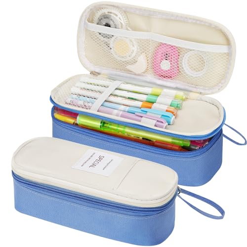 KMUYSL Large Pencil Case, Big Pencil Pouch with 3 Compartments, Handheld Pen Bag Organizer with Zipper, Portable Pen Bag for School Office Supplies Teen Girl Boy Adult, Blue