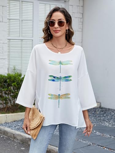 Summer Tops for Women Casual Tops Office Elegance Polyester Tee with Floral Dragonfly Design Comfort Fit Blouse4