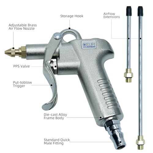 CCLIFE Druckluftpistole Luftblaspistole 1/4 Druckluft-Ausblaspistole Hochdruck Ausblaspistolen Pneumatische Luftkompressor Reinigungswerkzeug für industrielle Reinigungsprozesse mit 3 Düsen 10 bar