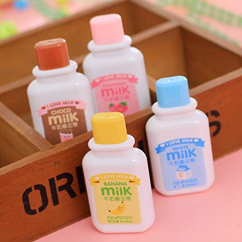Brccee AC Korrekturband für Milchflaschen, Kawaii-Cartoon-Schreibwaren, niedlich, Studenten, Schule, Bürobedarf (Braun, Blau, Gelb, Rosa, zufällige Farbe), 4 Stück