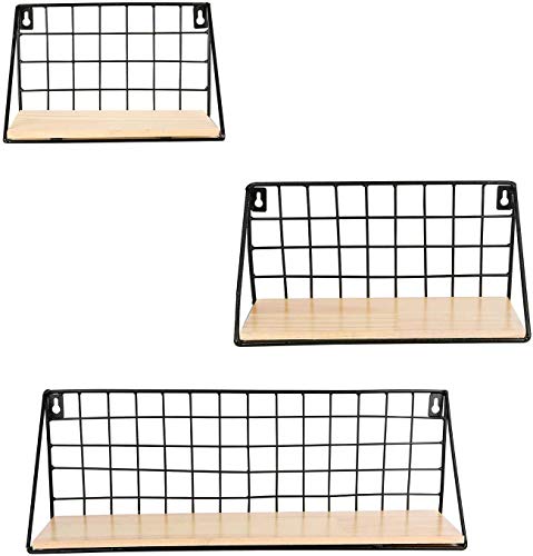 Juego de 3 estantes flotantes de pared de madera rústica con soportes de metal para dormitorio, baño, sala de estar, cocina y oficina.