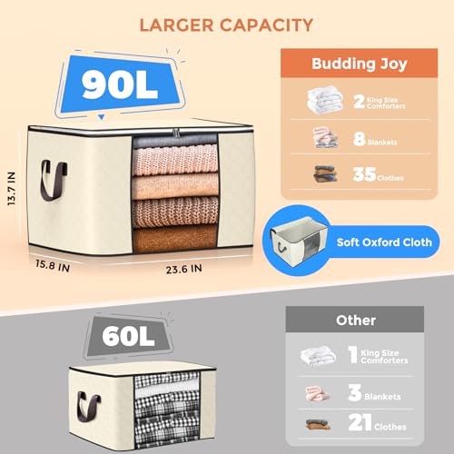 Image of 90 L Large Storage Bags, 6 Pack Clothes Storage Bins Foldable Closet Organizers Storage Containers with Reinforced Handle for Clothing, Blanket, Comforters, Bed Sheets, Pillows and Toys (Beige)