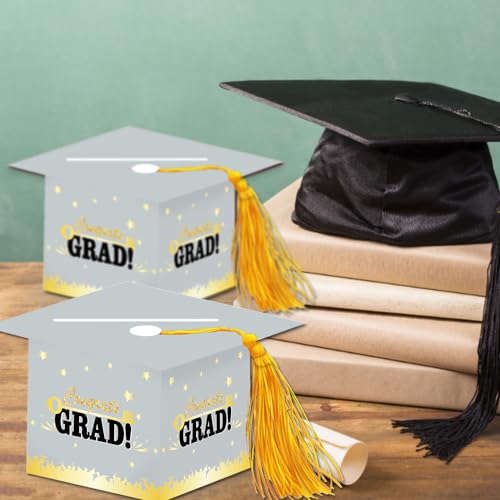 Image of 2026 Graduation Party Card Box, Gray Gold Congrats Cap Card Holder Box with Tassel for 2026 Graduation Party Decoration