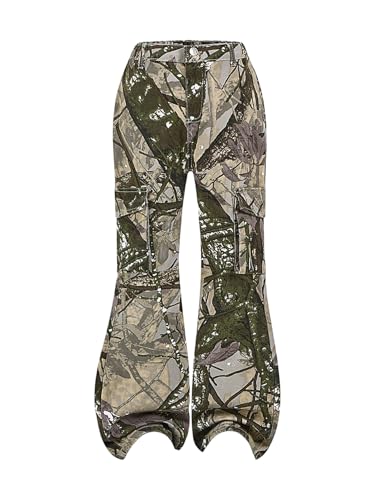 Verdusa Girl's Grunge Camo Flare Jeans Y2K Streetwear Cargo Denim Pants with Pockets