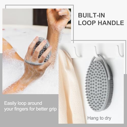 Image of FREATECH Silicone Body Scrubber with Loop Handle, Gentle Exfoliating Bath Shower Scrubber Body Scrub Brush for Men Women Kids, Sensitive Skin, More Hygienic Than Loofah, Easy to Clean, Grey