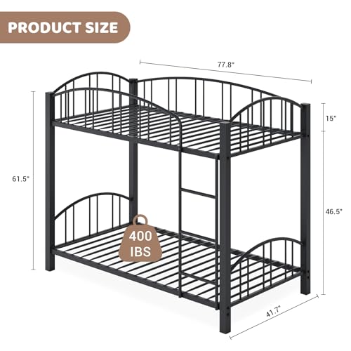 Bunk Bed Twin Over Twin with Stairs and Arched Guardrail, Sturdy Metal Slats Support, Space Saving, Noise Free, No Box Spring Needed, Ideal for Kid Room and Dorm, Black