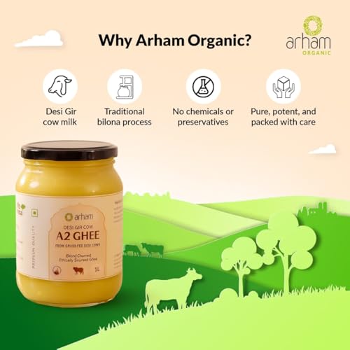 Image of Arham Organic A2 Gir Cow Ghee 1L | Vedic Bilona Method | Curd-Churned & Cultured | Danedar ghee | Grass-Fed Gir Cows | 100% Pure Desi Ghee | Lab Tested | Glass Bottle
