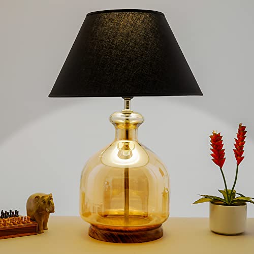 Image of Alper Mini Amber Luster Glass Table Lamp with Black Cotton Shade | Modern Designer Bedside & Living Room Decorative Table Light (Bulb Included)