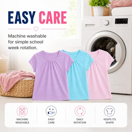 Image of Bienzoe Plain Solid Girls T-Shirts: School Basic Tee 3-Pack | Short Sleeve, Ages 4-13, PE, Recess, Outdoor Play, Soft Cotton Blend, Breathable Quick-Dry, Easy Care, Easy to Mix and Match